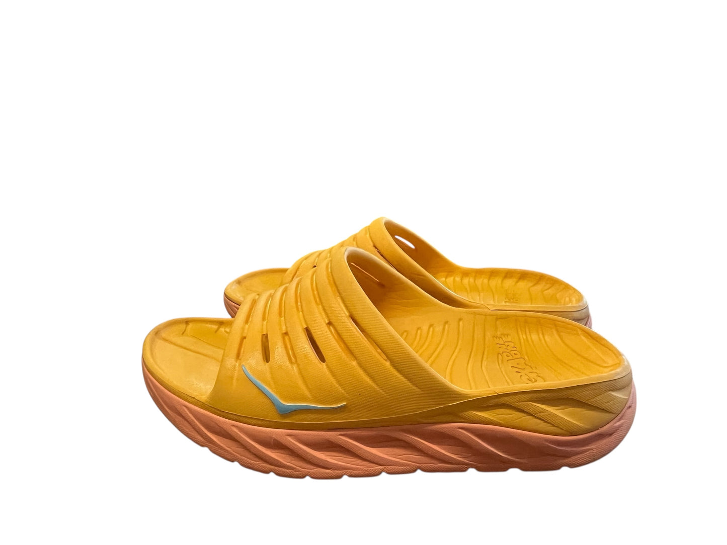 orange Hoka sandals, 11