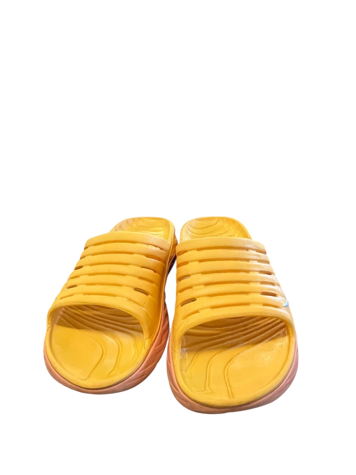 orange Hoka sandals, 11