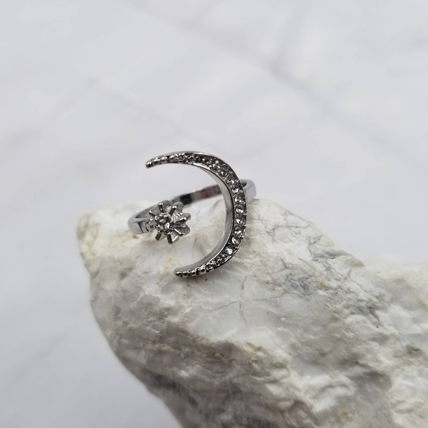 Crystal Moon and Stars Open Ring